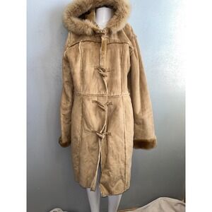 Y2K Penny Lane Coat Faux Suede Dyed Fox Fur Trim Hood  XL